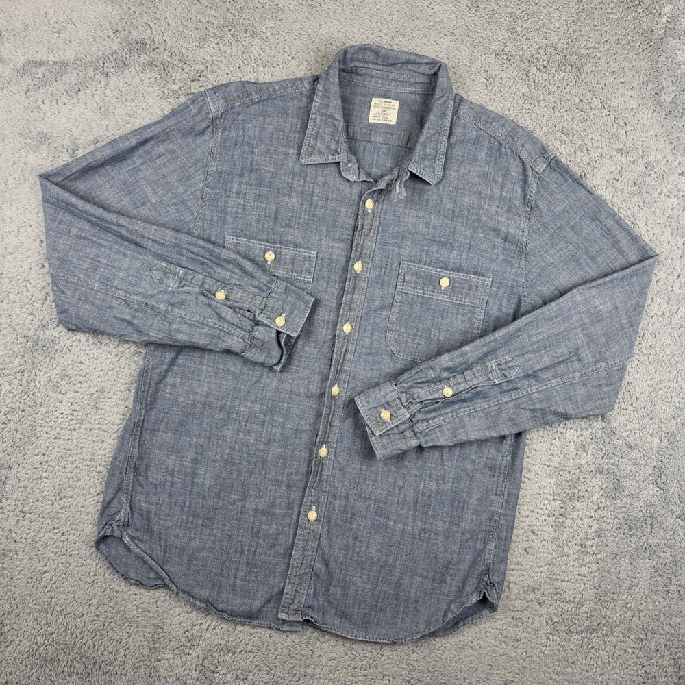 J Crew Chambray Shirt Mens Large Blue Long Sleeve Workwear Button Down Cotton
